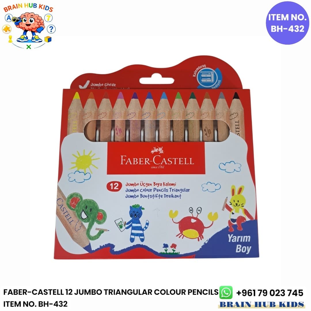 Faber-Castell Jumbo Triangular Half-Length Colour Pencils Pack of 12 Colors with Sharpener