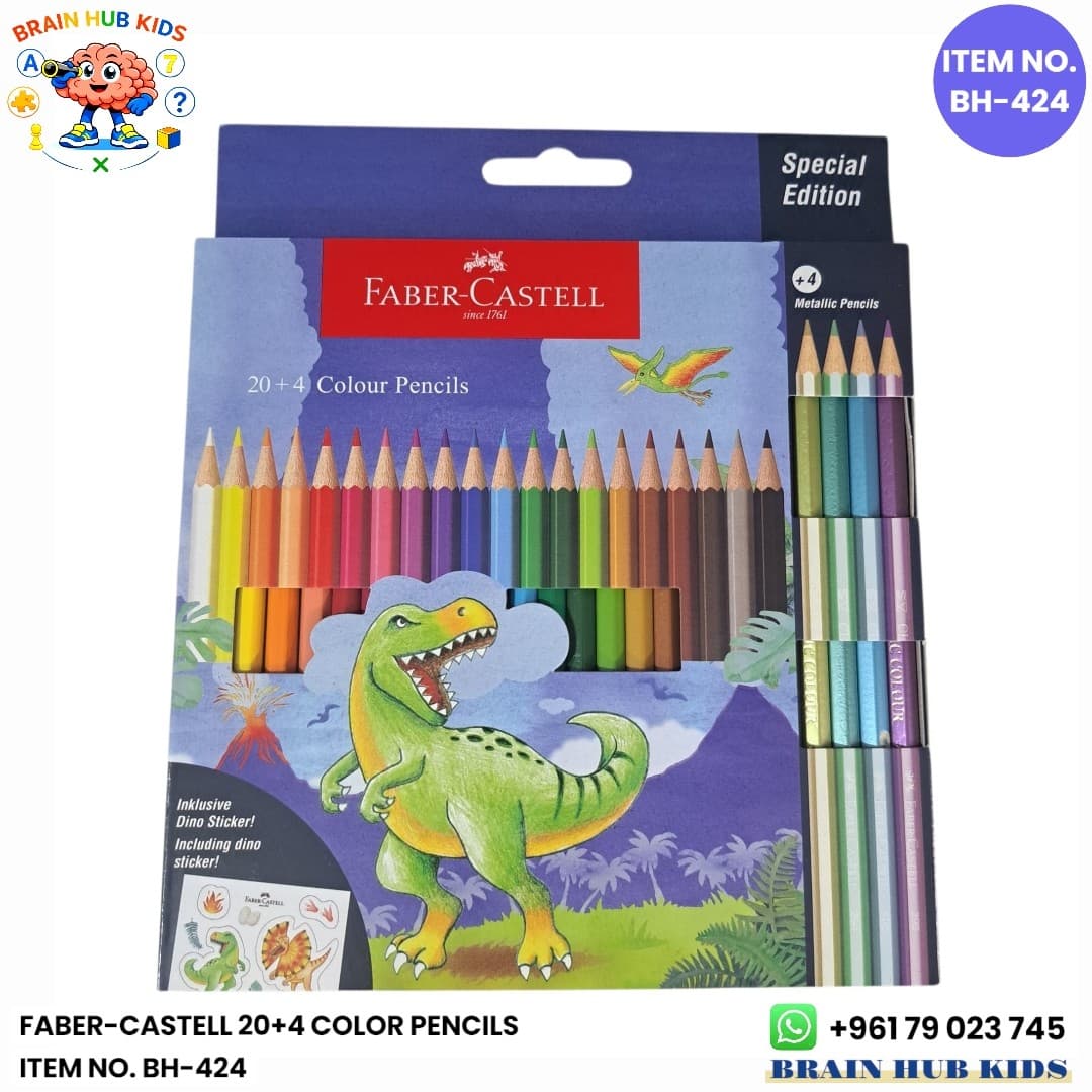 Faber-Castell Color Pencils Set 24 Pack (20 Classic + 4 Metallic Pencils with Dino Stickers)