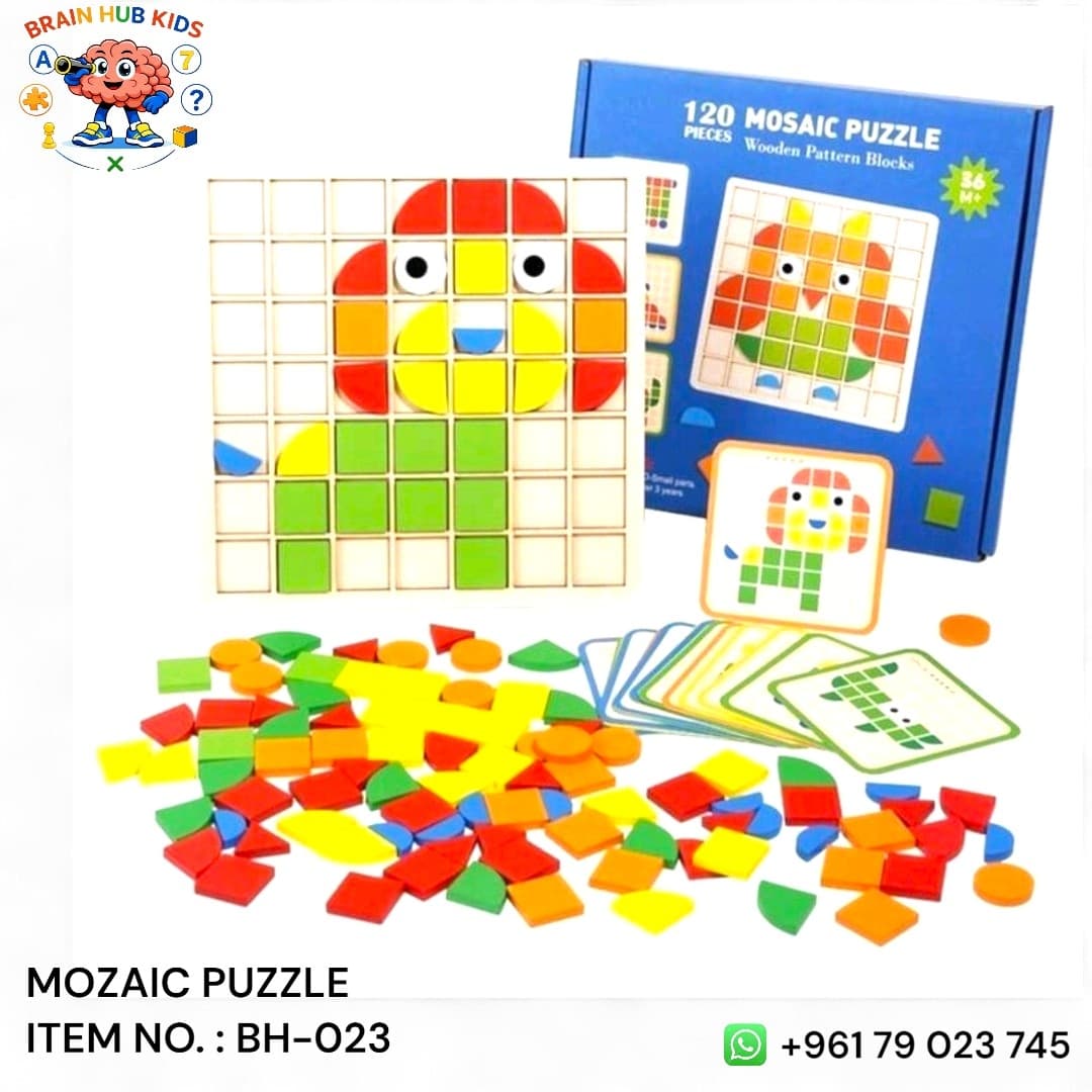 Wooden Mosaic Pattern Blocks & Grid Board Puzzle