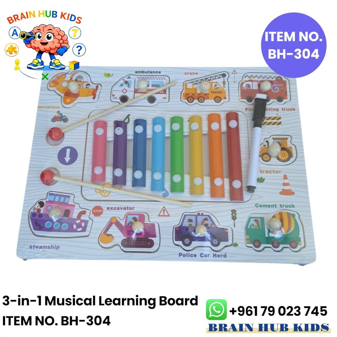 3-in-1 Wooden Musical Learning Board with Vehicles Peg Puzzle, Xylophone & Whiteboard