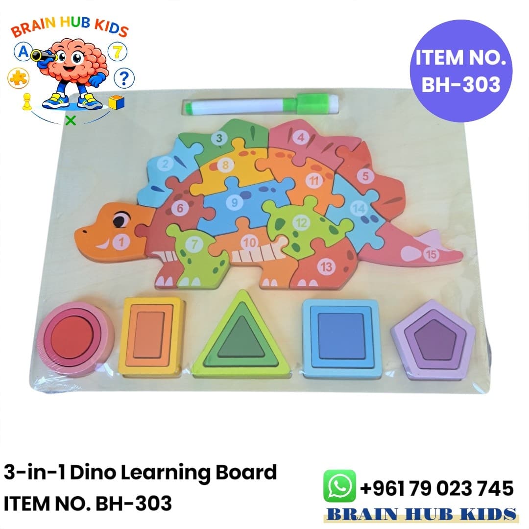 3-in-1 Wooden Dino Number Puzzle, Geometric Shape Sorter & Drawing Board
