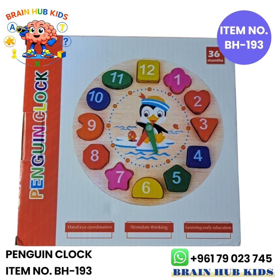 Wooden Penguin Shape Sorter & Time-Telling Clock Puzzle