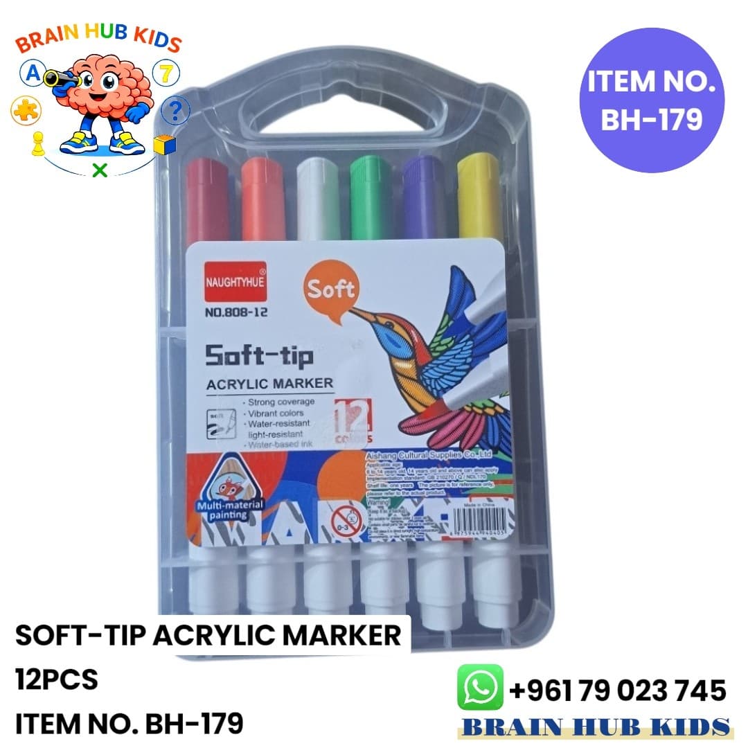 Naughtyhue 12-Color Soft-Tip Brush Acrylic Markers Set in Clear Storage Case