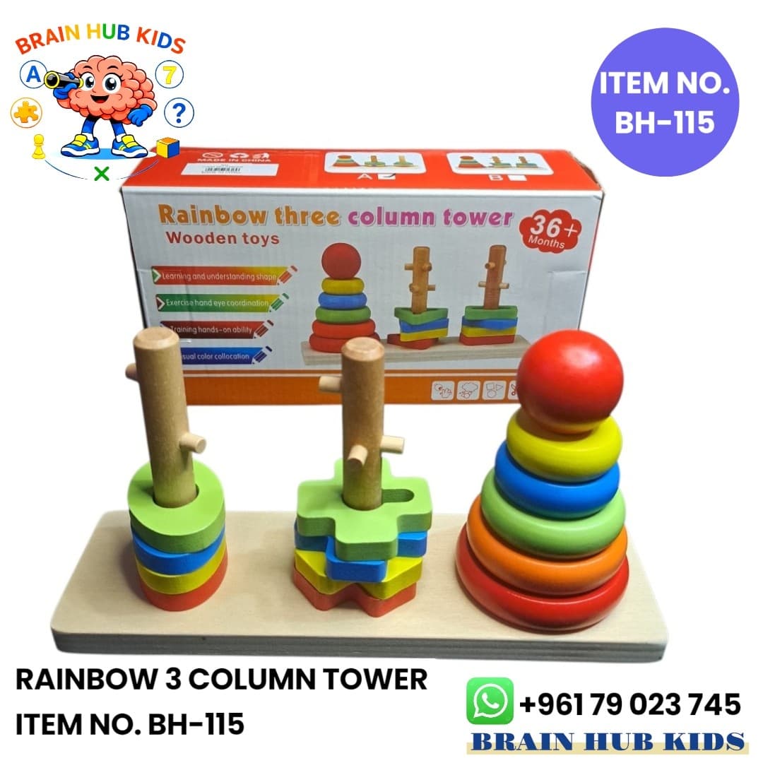 Wooden Rainbow 3-Column Tower Sorting & Stacking Puzzle