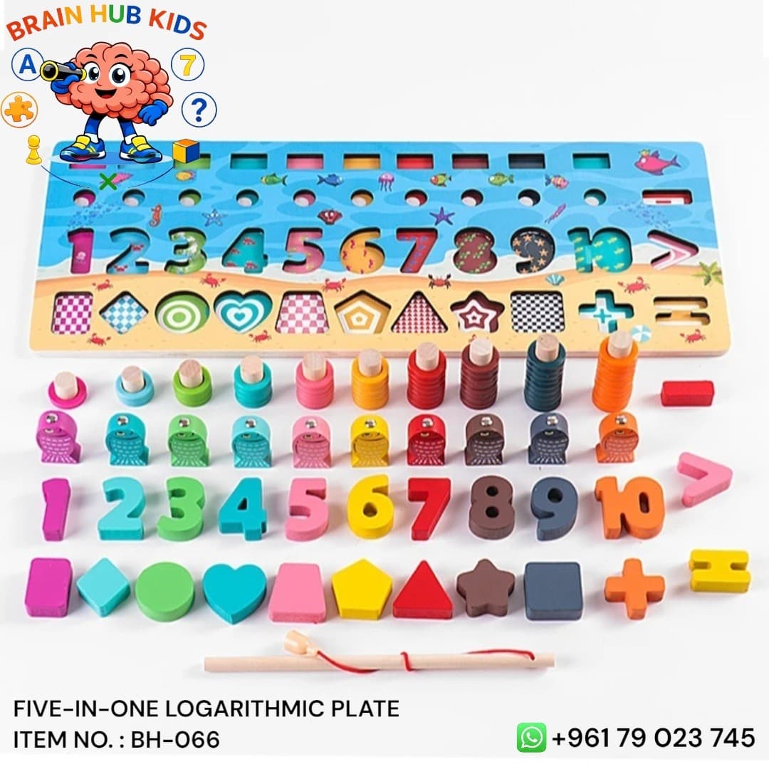5-in-1 Wooden Logarithmic Board with Magnetic Fishing Game