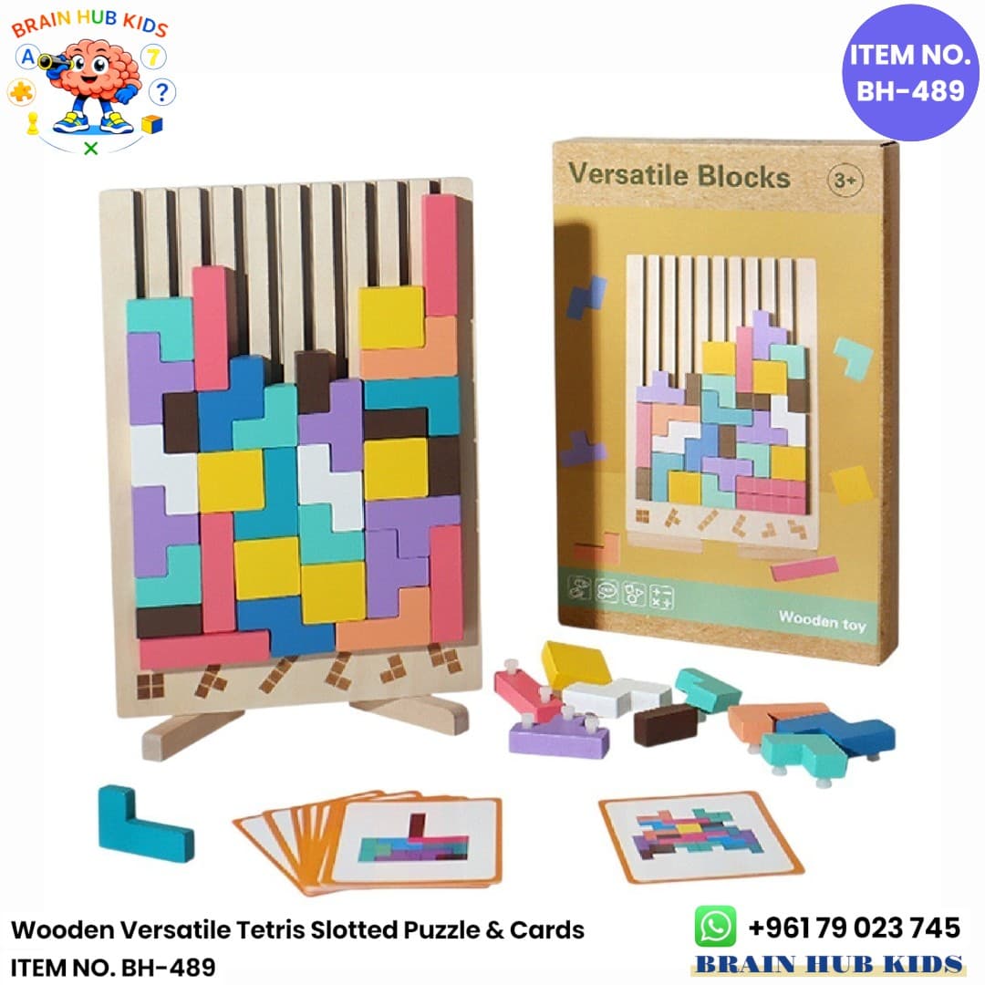 Wooden Versatile Tetris Slotted Puzzle Board & Challenge Cards